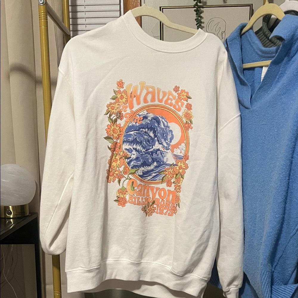 Billabong White and Orange Graphic Crewneck Sweater